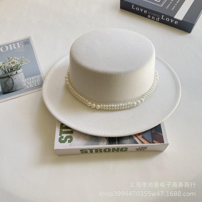 Pearl chain flat top top hat women's autumn and winter warm woolen felt hat celebrity retro British small fragrant shopping fashion hat