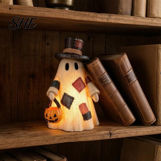 Seasonal Farmhouse Style Crafts Lighted Patchwork Ghost Resin Figurine with Pumpkin Lantern, Rustic Halloween Retro Statues Tabletop Lamp, Vintage