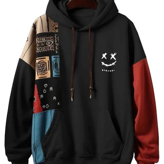 Осень-зима мужская толстовка с капюшоном свободная с длинным рукавом соответствующего цвета большой накладной карман с мультяшным рисунком ретро с капюшоном толстый теплый пуловер уличная одежда мужской топ