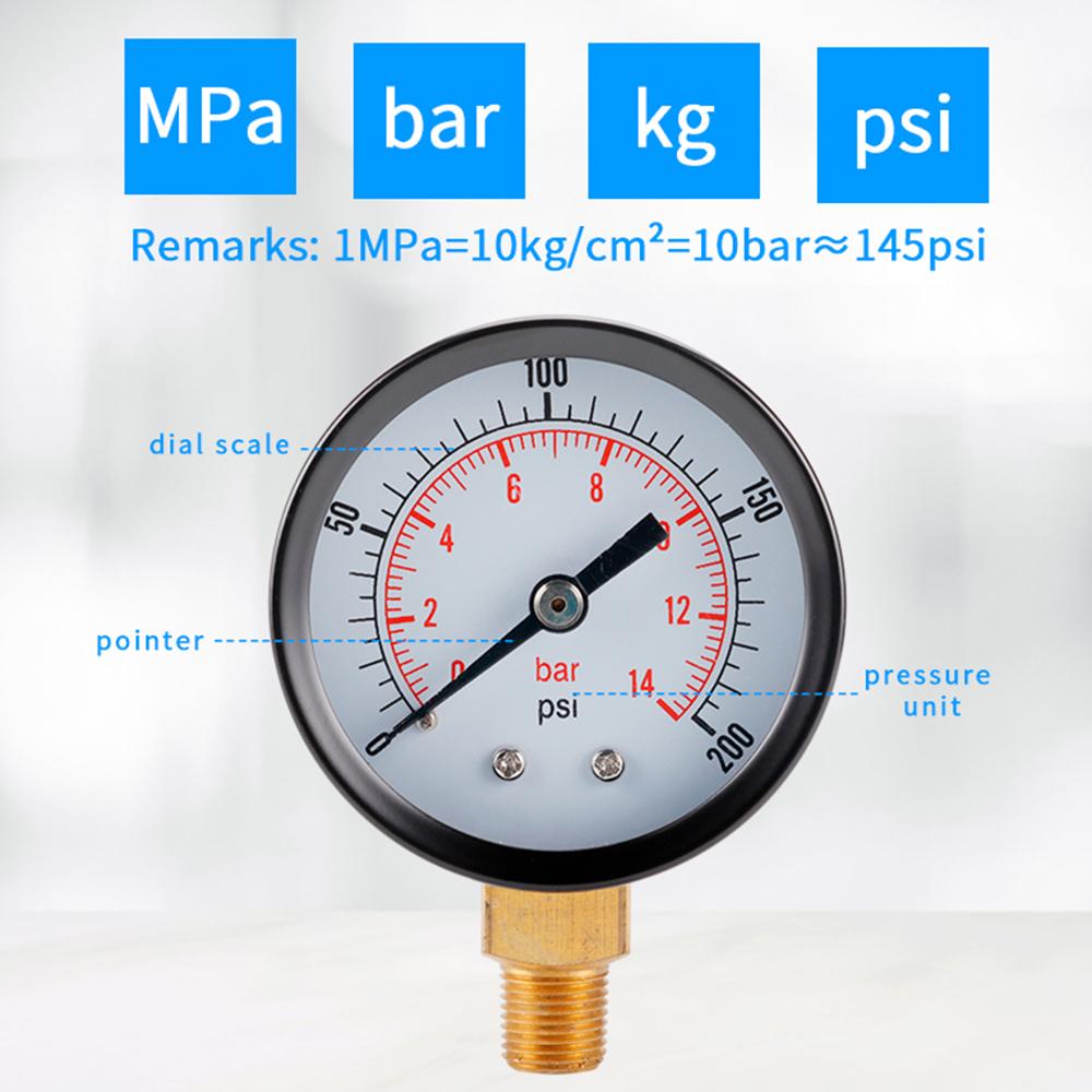 TS-Z52 0-200 PSI/0-14 Bar Range Gas Pressure Gauge Stainless Steel Dual Scale Multipurpose Oil Water Pressure Gauge
