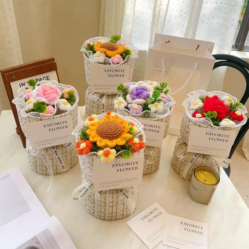 1 шт. искусственные цветы мини-букет ко Дню святого Валентина креативный ручной вязаный крючком пряжа подарок на день рождения новый год