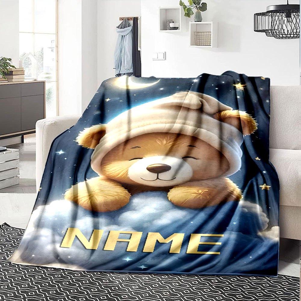 Cute Teddy Bear Sleeping On Clouds Under A Starry Night Sky With Moon And Stars Gift Personalized Blanket Personalized Name Soft Cozy Versatile For