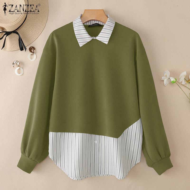 ZANZEA Women Stripe Splice Turn Down Collar Long Sleeve Thin Pullover Sweatshirt
