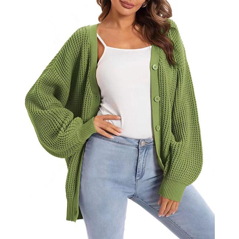 Lantern Sleeve Knitted Plus Size Cardigan Sweater Coat Women V-Neck Single Breasted Lazy Style Cardigan