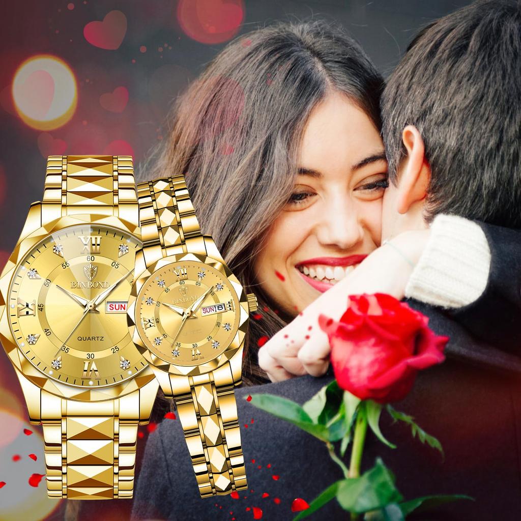 Наручные круглые из нержавеющей стали с календарем золото золото большая пара с New Day мужские часы, водонепроницаемые, непромокаемые, светящиеся, светящийся, циферблат, сталь,