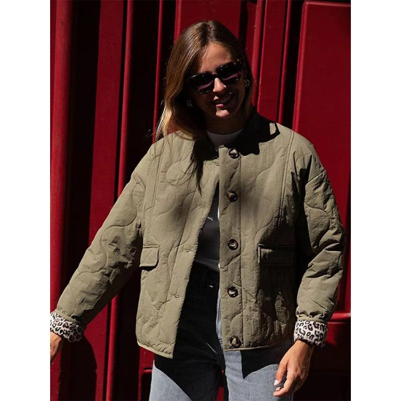 2025 Осень и зима Новая женская одежда Универсальный темперамент Длинные рукава Свободный однобортный стеганый леопардовый принт хлопковая куртка