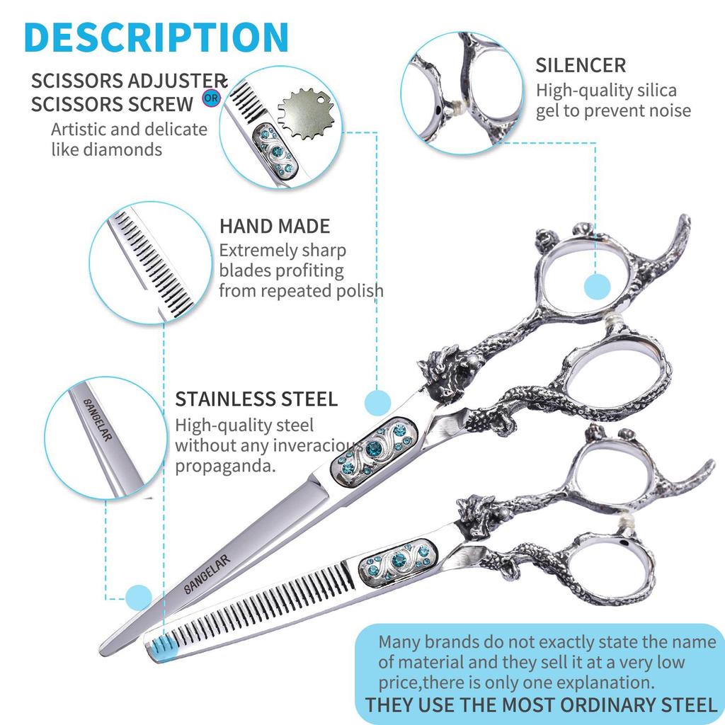 Sangelar 6 Inch Dragon Handle Hair Scissors Silver Professional Hairdressing Scissors Family Cut Fringe Shear,Beautiful Design
