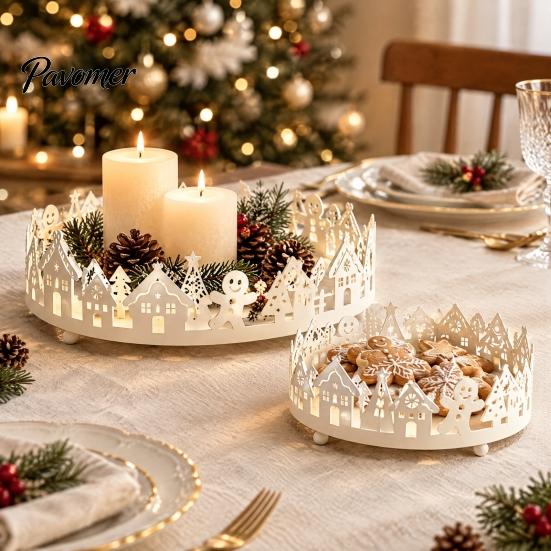 Рождественский centerpiece для стола 2 шт. Поднос-домик, Декоративный металлический поднос для столешницы с дизайном зимней вечеринки и дерева, Органайзер для рабочего стола