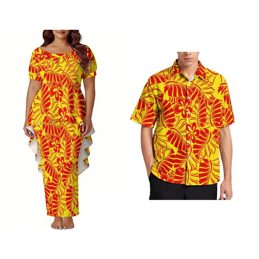 Custom Polynesian Bubble Short Sleeve Long Dress Lady Puletasi Dress Match Plus Size Men Stiff Neck Shirt Sets off Couples 2pcs