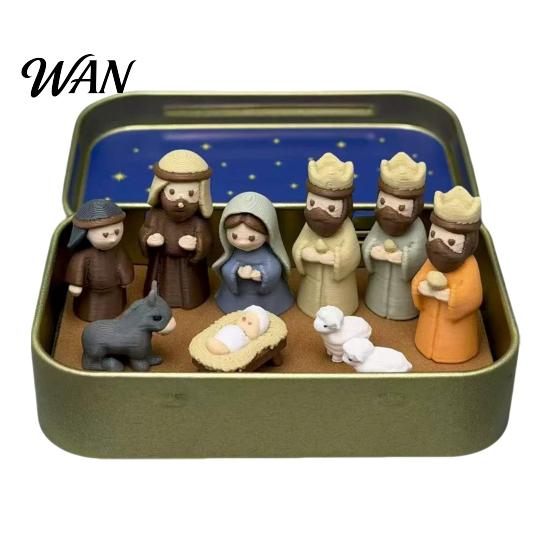 Religious Christmas Ornaments 3D Printed Miniature Nativity Scene Set in Tin Box, Holy Portable Box Display Family Figurines for Holiday Tabletop