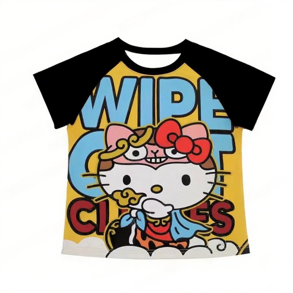 2026 New Kids Hello Kitty Anime Fashion Short Tops Y2k Summer Cute Tees Cartoon Printed High Street Gothic Short Sleeve T-shirts