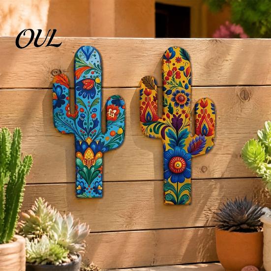 Exotic Floral Wall Art 2Pcs Cactus Decor, Western Wooden Home Farmhouse Mexican Handcrafted Decorations for Living Room Bedroom Kitchen Office