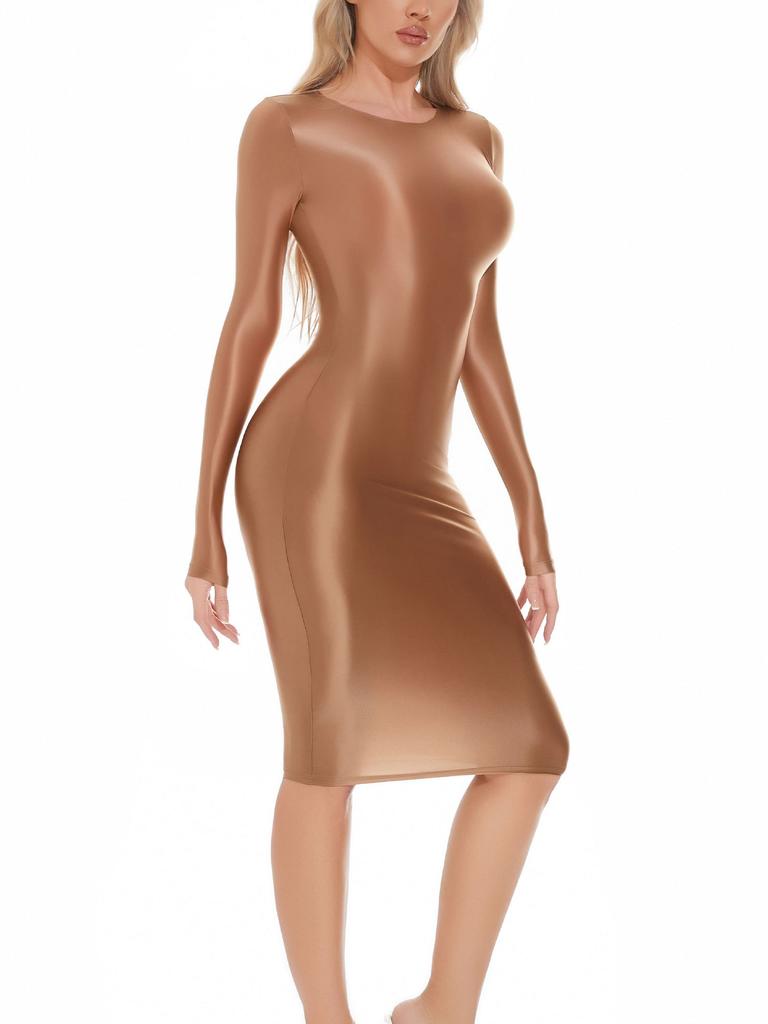 Women Oil-shiny Smooth Pencil Bodycon Dress Hip Wrap Miniskrt for Club Dating Disco Music Rave Party Costume Sexy Nightwear