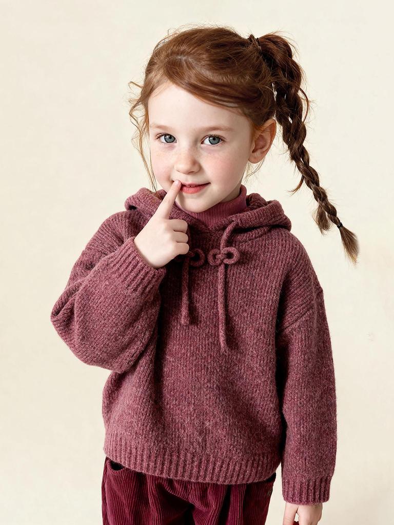 Зимний однотонный худи для девочек 2025 года - Вязаный кардиган из смесовой хлопково-шерстяной пряжи