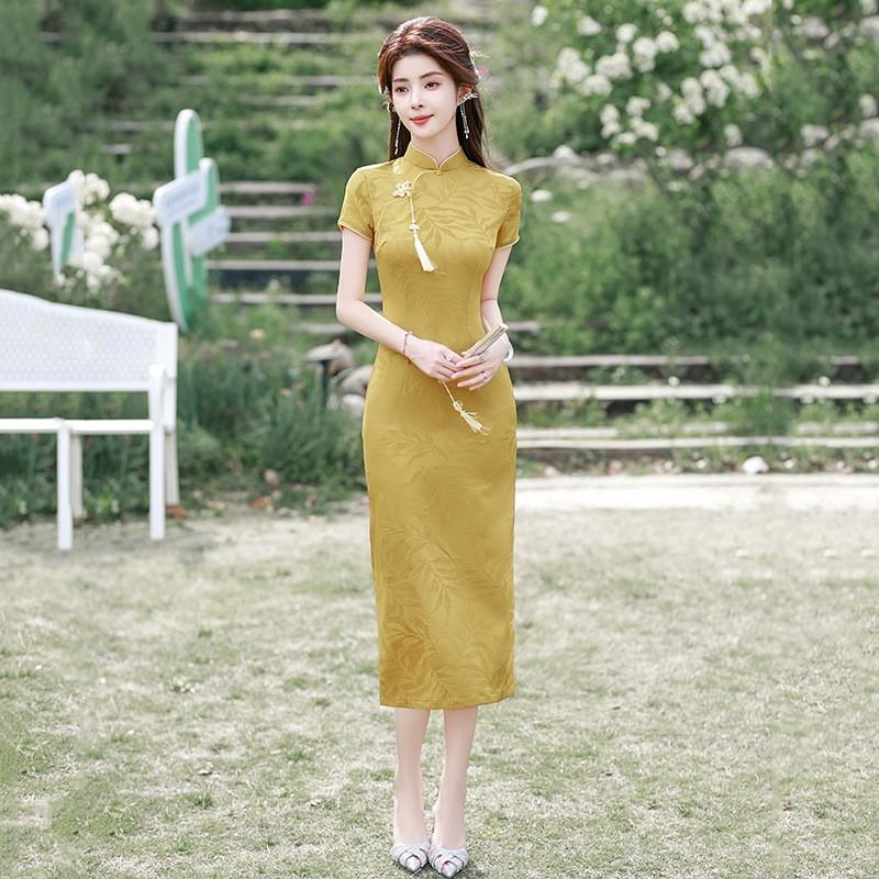 Pink Modern Chinese-Inspired Qipao Dress Women Short Sleeve Stand Collar Floral Jacquard Wearable Petite Girls