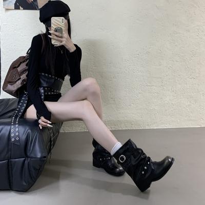 Женские полусапоги в стиле западного ковбоя 2025 новая плиссированная обувь короткие сапоги полированные ретро сапоги рыцаря