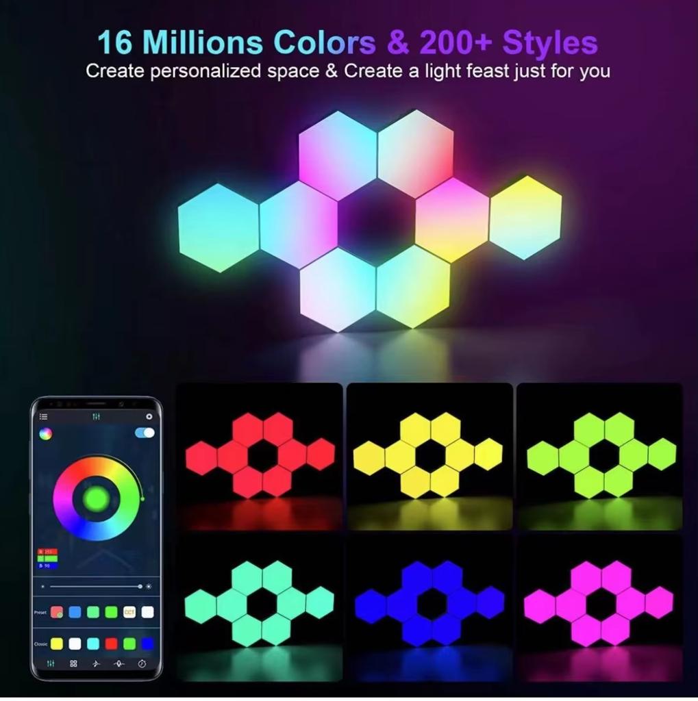 RGB интеллектуальный шестиугольный настенный светильник, меняющий цвет, окружающий ночник DYI, форма, музыкальный ритм, управление через приложение для игровой комнаты, спальни