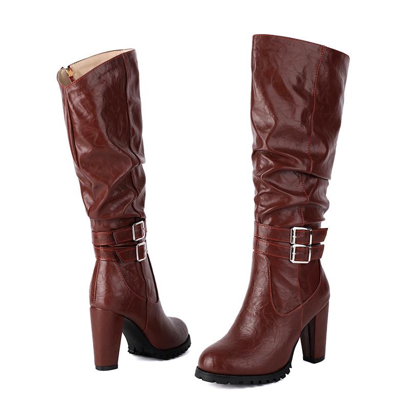 Fashion Winter Plush Slouch Buckle Belt Knee High Boots Women Chunky Heels Dress Party Ladies Brown Pleated Microfiber Zipper Long Boots