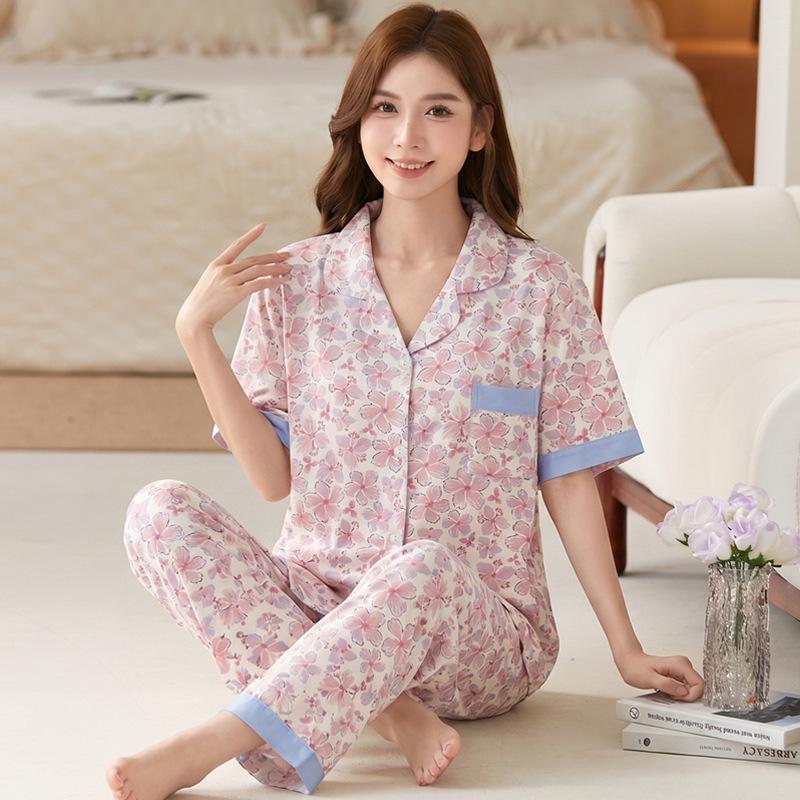 Guofeng high-end middle-aged mother generation imitation cotton pajamas floral design short sleeves trousers loose large size set