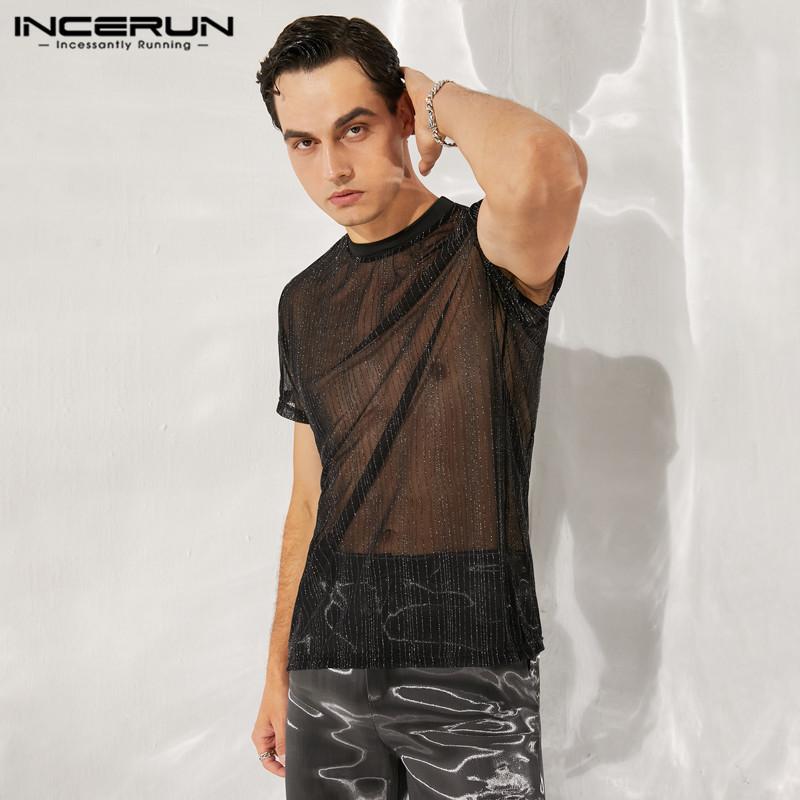 INCERUN Мужская прозрачная летняя клубная одежда с короткими рукавами, черные топы