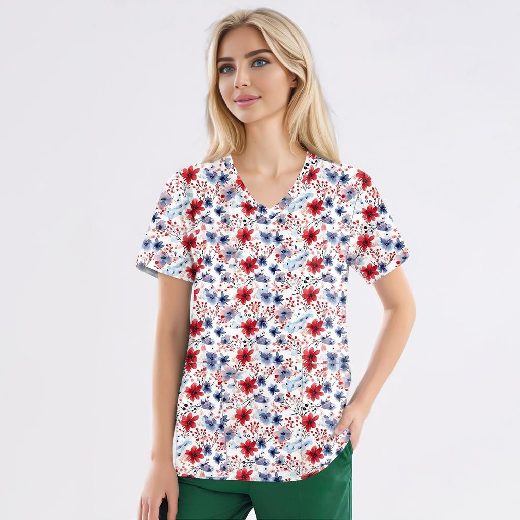 Рабочая форма больших размеров с принтом, топы для женщин, забавные футболки с v-образным вырезом и короткими рукавами, рабочая одежда, футболка с карманами