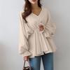 Japanese Minimalist V-Neck Irregular Women's Shirt, Pleated Waist, Casual Lantern Sleeve, Spring/Autumn 2025