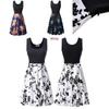 Womens Retro Floral Print Sleeveless Cotton Dress With Round Neck For Summer Vintage Style