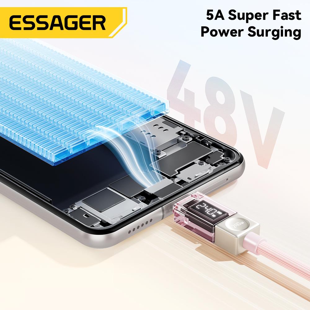 Essager Кабель Type C к Type C к USB C 100 Вт/240 Вт 5 А PD Кабель для быстрой зарядки для Macbook Xiaomi Samsung Кабель с цифровым дисплеем