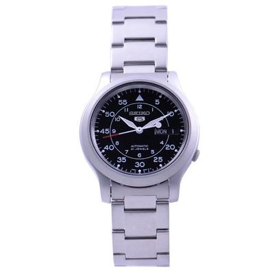 Мужской SNK809K1 (Seiko5 с автоподзаводом, желтый, черный циферблат, серебристый ремешок) Круглые часы серебряные аналоговые