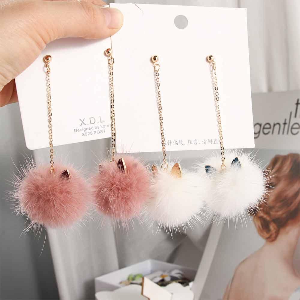 Statement Mink Fur Ball Plush Korean Brincos Fashion Jewelry Long Drop Earrings Dangle Earrings