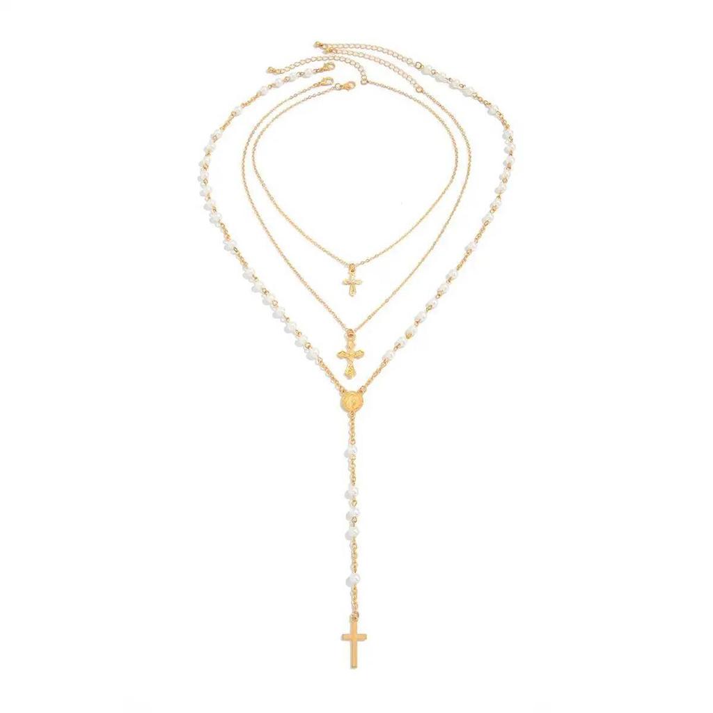 Ingemark 3Pcs/Set Vintage Cross Jesus Pendant Choker Necklace for Men Women Elegant Imitation Pearl Chain Party Jewelry Gifts