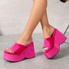 Thick Bottom Slope Heel One-word Slippers Women's High Heel Solid Color Cloth Surface Beach Cool Slippers Slippers