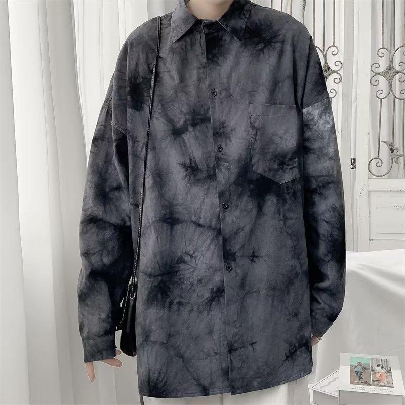 Свободная рубашка в стиле Гонконга с принтом тай-дай, мужская с длинным рукавом, ранняя осень, корейский стиль, студенческая мужская рубашка, темная рубашка