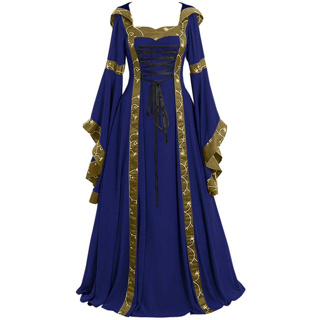 Plus Size 5XL Women Medieval Floor Length Dress Cosplay Costumes Long Bell Sleeve Lace-Up Princess Long Dress Retro Gothic Dress
