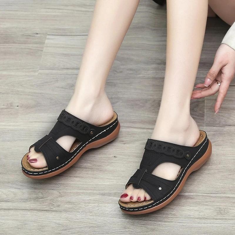 Summer New Fashionable Round Toe Open Toe Women's Sandals Thick Sole Wedge Heel Comfortable Casual Women's Slippers