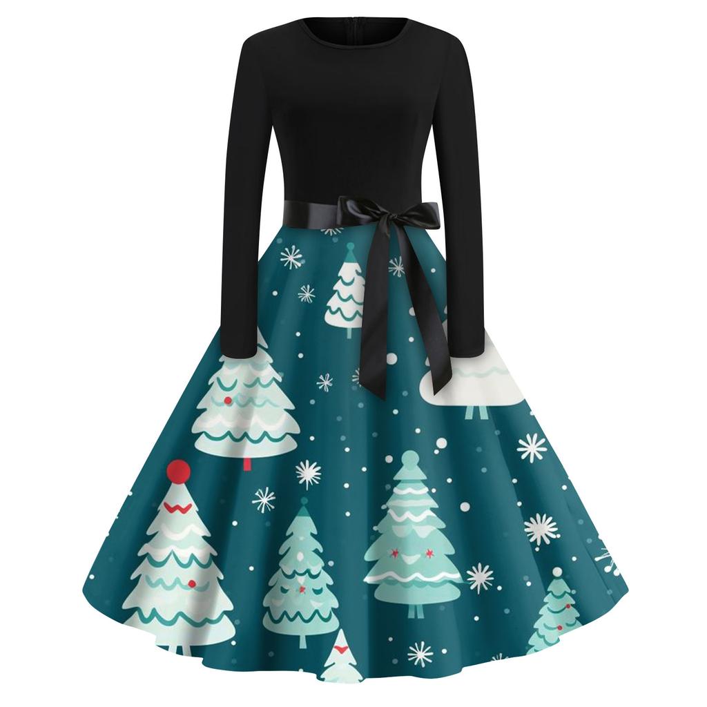 Женская мода с круглым вырезом, повседневные тонкие рождественские платья с длинным рукавом и принтом