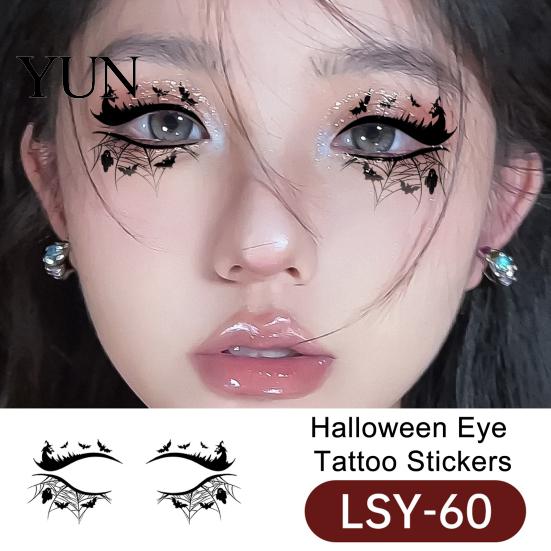Non Residue Face Stickers 2 Pairs Halloween Eye Tattoo Stickers, Waterproof Temporary Decals with for Parties Pumpkin Bat Spider Web, Easy Apply