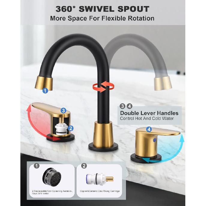 2 Handle 3 Holes Widespread Bathroom Faucet, Bathroom Sink Faucet with Copper Pop Up Drain, Black & Gold Lavatory Faucet Swivel Spout with Drain