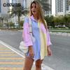 Women's Summer New Pinstripe Colour Collision Loose Boyfriend Style Front Short Back Long Shirt Long Sleeve