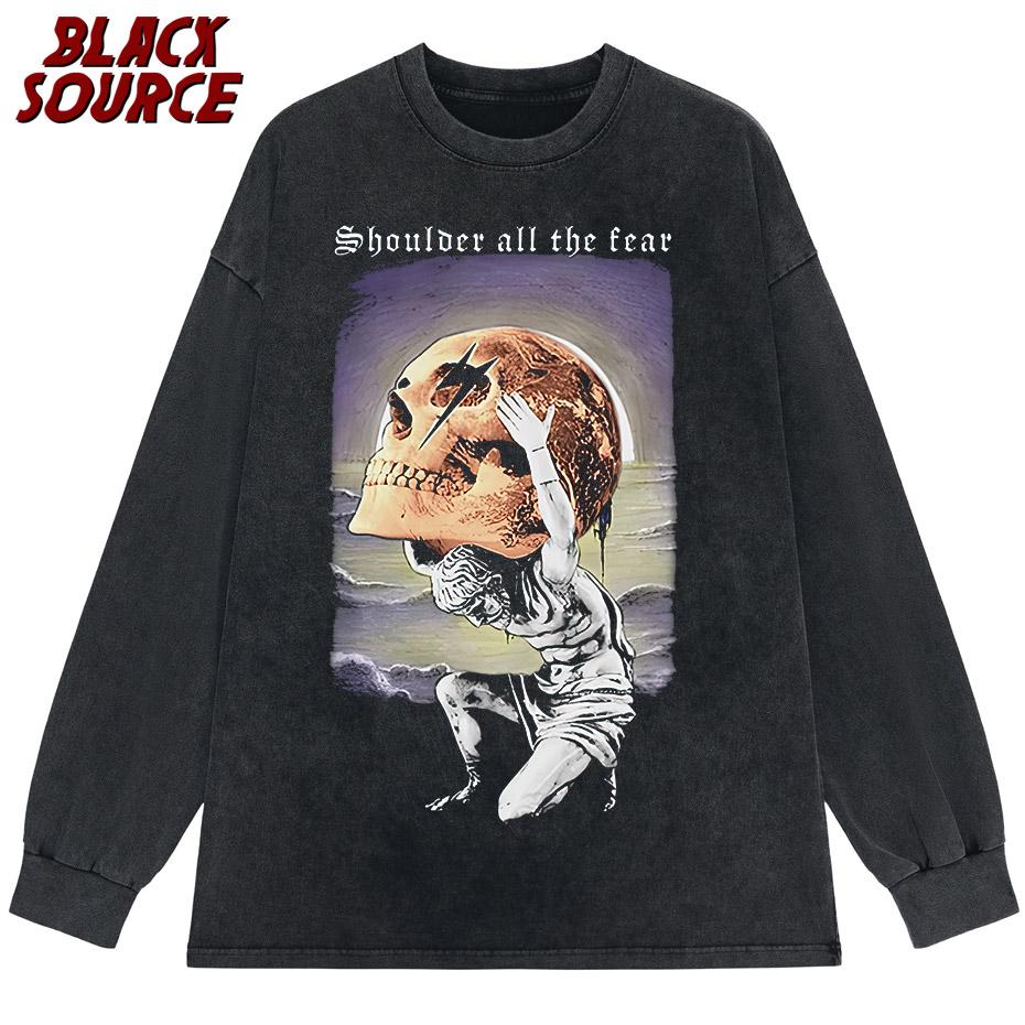Винтажная футболка Череп Аниме Мужская Хип-Хоп Стиранная Camiseta Hombre Графическая Свободная футболка Хай стрит мода