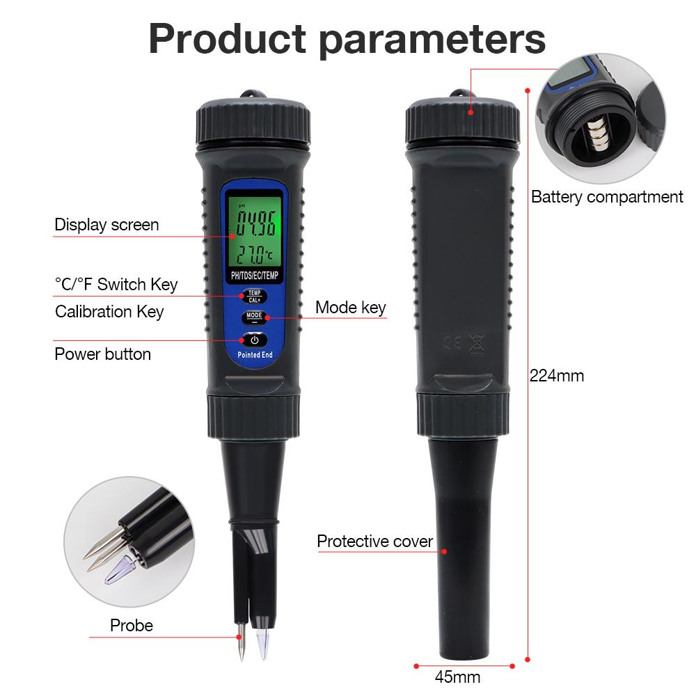 Professional Food Tester Acidimeter Food PH Meter 4 in 1 PH EC TDS Tester Dough Meat Bread Juice Fruit Sauces Semi Solid Liquid