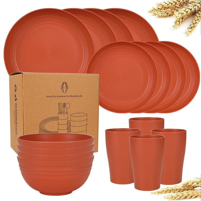Reusable wheat straw tableware set, including 16 pieces,dinner plates, dessert plates, grain bowls, and cups
