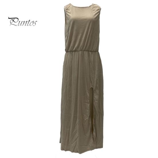 Женское летнее платье с плиссировкой, круглым вырезом, без рукавов, однотонное, свободное, с разрезом, макси-платье, повседневная одежда для свиданий, вечеринок, длинное платье