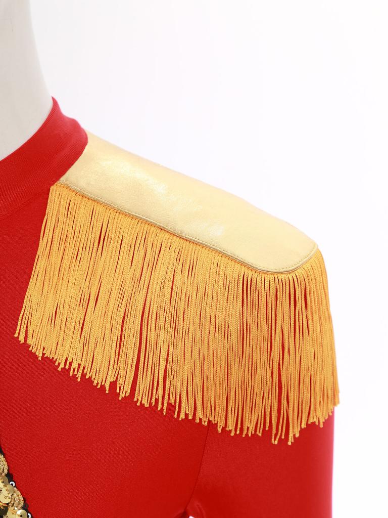 Women Circus Ringmaster Bodysuit Dress Long Sleeves Fringe Shoulder Patches Sparkly Sequins Halloween Costume