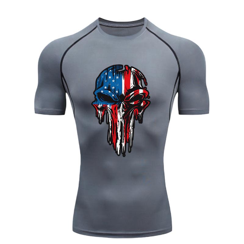 American Flag Skull Men's Sports T-shirt Training Fitness Quick Dry Short Sleeve Jogging Running Workout Compression Shirt
