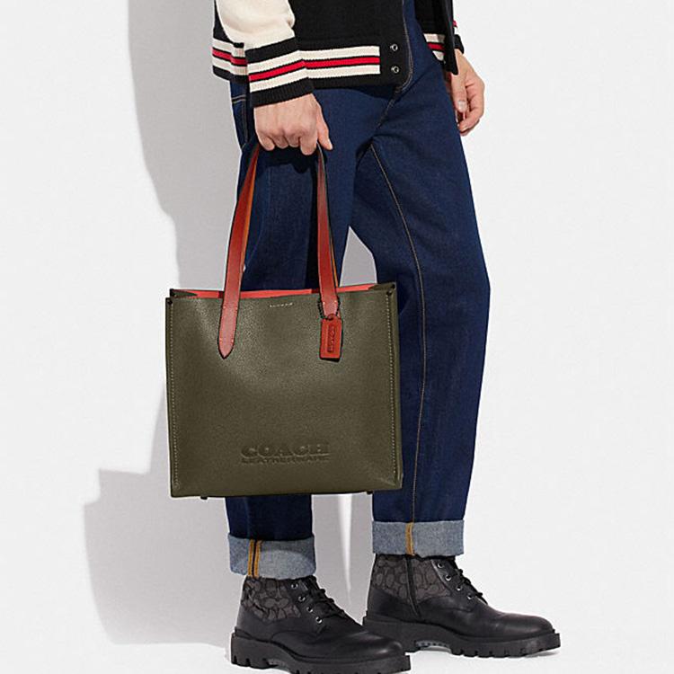 Coach Сумка-тоут из тисненой кожи с логотипом, однотонная, с текстурой личи, серия 35, сумка для покупок, сумка через плечо, ручная сумка, большая мужская сумка-тоут, темно-зеленая CH757-ARY