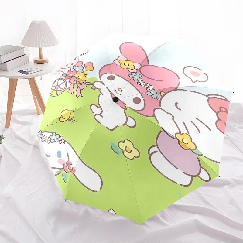 1pc My Melody & Friends Floral Print Automatic Opening/Closing Umbrella with Portable Tri-Fold Design, 8-Bone Iron Frame Outdoor Umbrella, Perfect Gif
