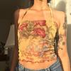 Y2K Mesh Sheer Floral T-shirt Vintage Halter Tops Women Sleeveless Slim Fit Crop Top Harajuku Streetwear