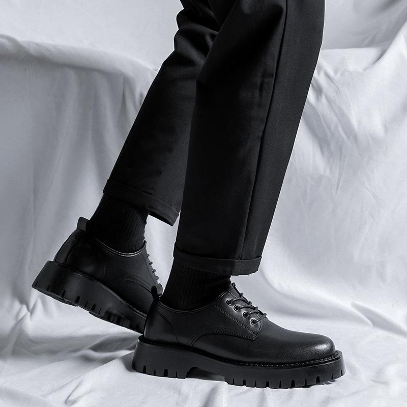 Весенние и осенние черные мужские туфли, универсальные трендовые мужские туфли на платформе, повседневные маленькие кожаные туфли 68303-R