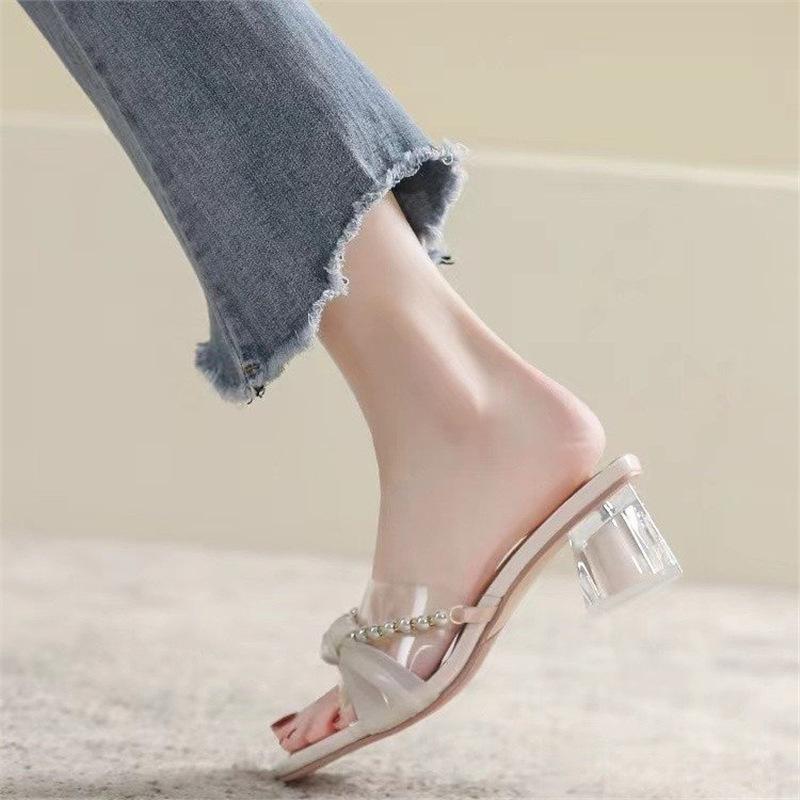 Женские прозрачные босоножки на высоком каблуке, новый сезон, лето 2024 года, с толстым каблуком и верхней одеждой с бисером, классные тапочки с квадратной головкой